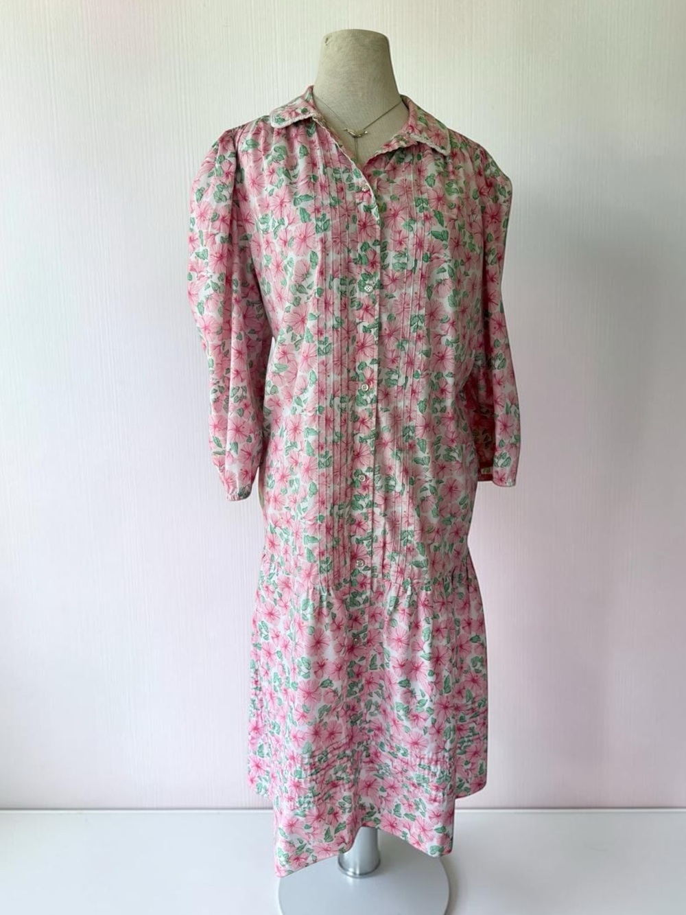 Vtg 80s  Models Coat Pink Floral XL House Dress Robe Puff Sleeve Sz L Cottage